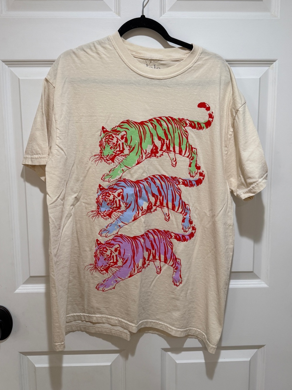 Dressed in LALA Cream Tee with Red, Green, Blue & Pink Tiger Print